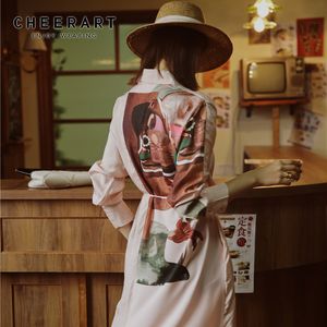 ピンクロングシャツドレス女性スリーブ秋プリントチュニック花柄シルクボタンアップレディースデスズ服210427