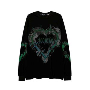 HOUZHOU Gothic Punk Green Print Long Sleeve T-shirts Women Grunge Oversize Harajuku Streetwear Print O-neck Black Top Pullover 220207