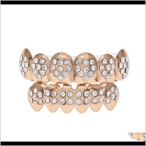 Grillz、Dental Grills Body Drop Delivery 2021 Gold Sier PLATED CZ RHINESTONE HIP HOP HEART-STOP BOOTOM GRILLZ SET SILE TETES JEW
