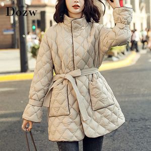 겨울 긴 패딩 재킷 여성 파카 벨트 우아한 아가일 포켓 코트 긴 소매 단일 브레스트 겉옷 210414