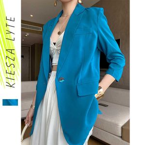 Summer Thin Blazer For Women Fashion Casual Blue Three Quarter Sleeves Chiffon Suit Jacket Female Sunscreen Clothing 210608