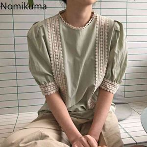 Nomikuma Spitze Patchwork Bluse Frauen Sommer Puff Sleeve Shirts Kausalen Oansatz Koreanische Blusas Mujer De Moda 6H499 210427