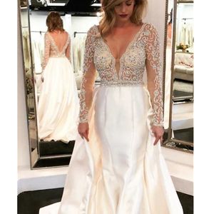 Stunning Deep V-Neck Princess Ball Gown Winter Major Beading Long Sleeve Sexy Backless Luxury Wedding Dress