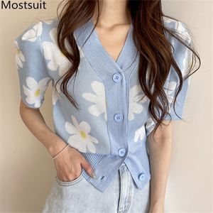 Floral Knitted Women Cardigan Knitwear Summer Short Sleeve V-neck Single Breasted Sweater Tops Korean Vintage Elegant Jumpers 210514