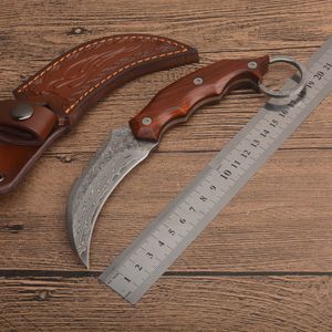 1Pcs Top Quality Karambit Knife VG10 Damascus Steel Blade Full Tang Rosewood Handle Fixed Blades Claw Knives With Leather Sheath