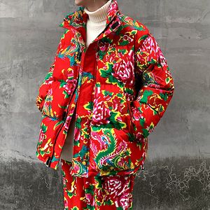 Men's Jackets Winter thickened large flower pattern suit unisex same style Outerwear & Coats characteristic loose stand-up collar windproof warmly wadded jackets