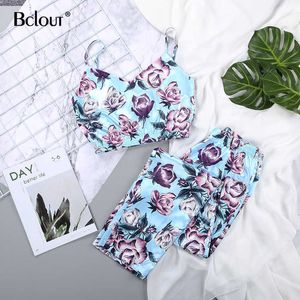 Bclout Spring Purple Rose Two Piece Set Women Sexy Top And Pants Pajamas Pattern Print Satin V-Neck Sleeveless Pyjamas Sleepwear 210709