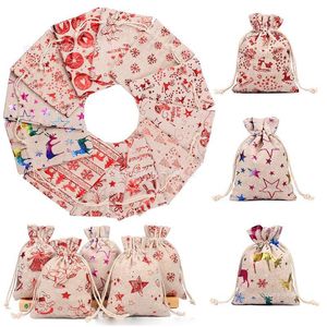 13*18cm Printed Christmas Gift Bag Gift Wrap Cotton Linen Cottons Cloth Bags For Candy Wrapper Birthday Party Favor Supplies
