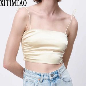 ZA Kadınlar Moda Seksi Aç Geri Kısa Üstleri Vintage Backless Ince Omuz Askısı Kadın Gömlek Lace Up Yelek 210602