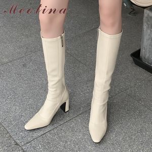 Meotina Genuine Leather High Heel Stretch Boots Women Knee High Boots Shoes Pointed Toe Block Heels Zip Long Boots Beige 33-43 210520