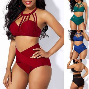 Echoine Kobiet Solidne Seksowne Bikini Zestaw Koronki Up Halter Crop Topy High Waist Majtki Pasujące Dwuczęściowe Stroje Plaża Swimsuit X0522