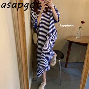 Bawełna O Neck Krótki Rękaw Błękitny Paski Sukienka Kobiety Casual Luźne Plus Size Czarne Koszulki Vestidos Fashion Wild 210429