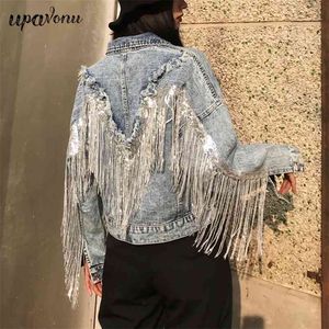 Free Woman Fringed Sequined Denim Jacket Spring Retro BF Loose Short Jeans Top Chaquetas s 210524