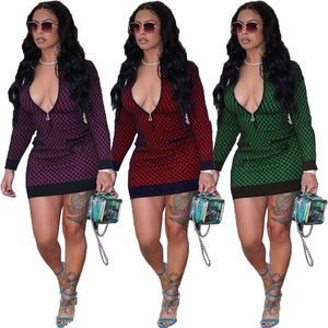 Outono inverno mulheres vestidos de manga longa vestido de uma peça bodycon mini saias casuais bolsos com zíper letras minissaia skinny embalado saias de quadril 5870