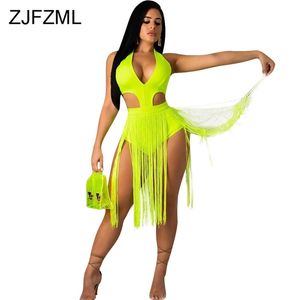 Cintura de cintura cortada borlas sexy bodysuit mulheres abertas back bandage curto macacão verão v néon verde bodycon playsuit 210715