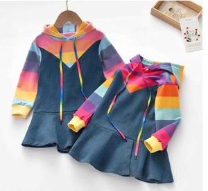 Mädchen Langarm Herbst Regenbogen Streifen Hoodie Kind Kinder Party Anzüge Denim Hoodie Kinder Kleid Denim Kleider Q0716