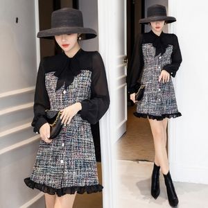 LLZACOOSH Herbst und Winter Sexy durchsichtiges Netz-Tweed-Kleid mit Schleife, einreihig, langärmelig, schickes Rüschenkleid 210514