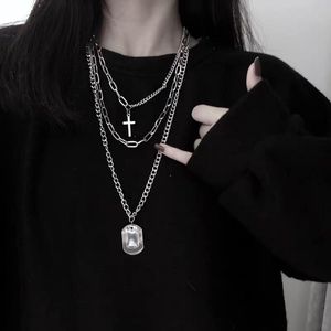 Pendant Necklaces Personality Cross Square Metal Multilayer Hip Hop Long Chain Cool Simple Necklace For Women Men Punk Jewelry Gifts