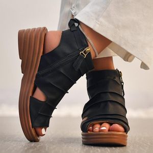 Sandálias Verão Mulheres Clássicos Color Sólido Peep Toe Zipper Casual Senhoras Cunhas Plataforma Designer Sapatos 2021 Calçado