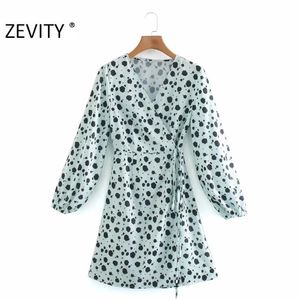 Donna elegante croce scollo a V Tie Dye Dots Stampa Lace Up Mini abito femminile manica a sbuffo Kimono casual Vestido DS4633 210420