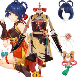 Gioco Genshin Impact Xiangling Costume Cosplay Parrucche Anime Donne Vestito Halloween Party Outfit Uniforme Costumi Su ordine Y0903