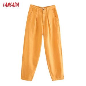 Tangada mode kvinnor orange lösa jeans byxor långa byxor fickor knappar kvinnliga byxor je131 210609