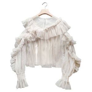 PERHAPS U Women Apricot Mesh Ruffle O Neck Flare Long Sleeve Solid Blouse Shirt Korean Version B0517 210529