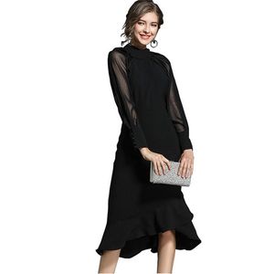 Сплошное цветное платье для женщин весна летняя мода элегантный с длинным рукавом рыбийства тонкие черные платья женские lr1109 210531