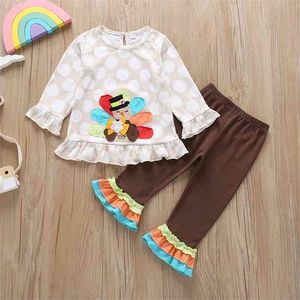 Winter Children Sets Casual Long Sleeve Ruffles Embroidery Cartoon T-shirt Patchwork Trousers Cute 2Pcs Girls Clothes 210629