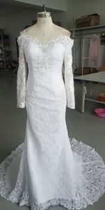 Real Pics Mermaid Bröllopsklänning Vintage Lace Bridal Gowns Långärmade Sexig Trumpet Backless Bride Cuatom Made Gown