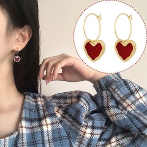 Vintage Enamel Wine Red Heart Hoop Earrings for Women Creative Design Luxury High Quality Jewelry Wedding Party Woman's Gift