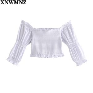 Sommer gesmoktes Crop Top Frauen Bluse Weiß Kurzarm Weibliches dünnes Top Square Neck Sweet Girl Shirt elastischer Saum 210520