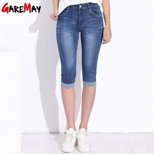 Plus Size Skinny Capris Jeans Woman Female Stretch Knee Length Denim Shorts Pants Women With High Waist Summer 210428