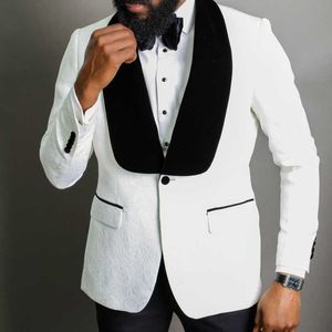 White Jacquard Slim fit Men Suits for Wedding 2 piece Groom Tuxedo with Black Shawl Lapel Man Fashion Set Jacket with Pants X0909