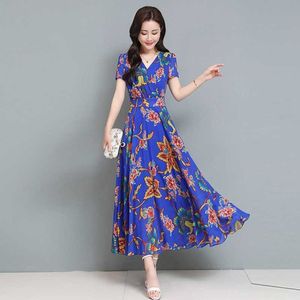 Lato Vintage Długa Dress Eleganckie Kobiety Krótki Rękaw Drukowane V-Neck Temperament Czeski Długa Długa 210531