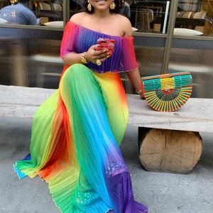 Women Rainbow Color Off Shoulder Dresses Pleated Maxi Party Evening Celebrated Vestidos Female Robes Colorful Printed Gowns 210416