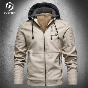 Fashion Leather Jacket Men Autumn Fleece Liner PU Leather Coats with Hood Winter Male Clothing Casual White Motorcycle Jackets 211119