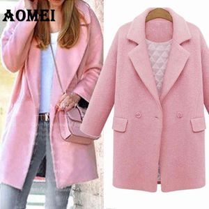 Women Pink Wool Outcoats Quilted Parka Casual Wear Work Office Lady Thicken Outwear Clothes Fall Winter Overcoat Cape 210416