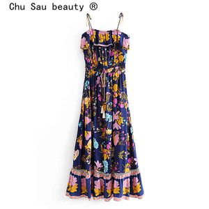 Schönheit Boho Blumendruck Midi Strap Kleid Frauen Urlaub rückenfrei aushöhlen Quaste lange Kleider Vestidos de Verano 210514