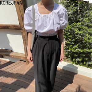 Korejpaa Kvinnor Sommar Sommar Koreanska Chic Nisch Tunna Fyrkant Krage Exposed Clavicle Loose Puff Sleeve Shirt Wide Leg Slacks 210526