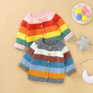 Sonbahar Toddlers Örme Hırka Küçük Kızlar Gökkuşağı Çizgili Yuvarlak Yaka Uzun Kollu Tek Göğüslü Dış Giyim Rahat Tops G1023
