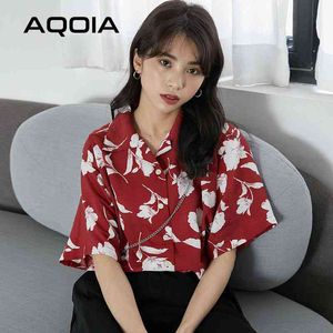 Koreanischer Stil Kurzarm Chiffon Frauen Tunika Hemd Floral Priting Button Up Damen Blusen Sommer Übergroße weibliche Tops 210521
