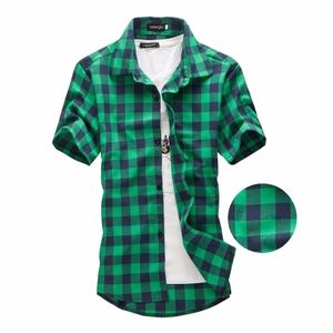 Camisa verde em xadrez homens camisas Novo verão moda chemise homme homme quadriculado camisa de manga curta camisa de manga homens blusa 210410