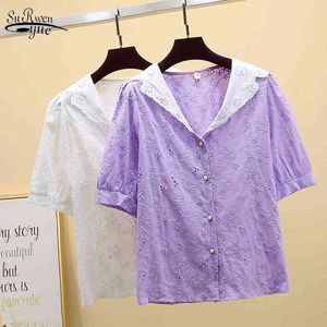 Abbigliamento moda coreana Camicia bianca scava fuori tinta unita Camicetta da donna in chiffon da donna da ufficio Elegante top da donna con scollo a V estivo 9879 210521