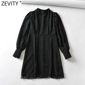 Zevity Women Vintage Pleats Stand Collar Hem Lace Stitching Black Mini Dress Office Chic Kvinna Back Zipper Vestido DS4980 210603
