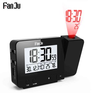 Fanju Clock Desk Bords Klocka LED Digital Snooze Alarm Bakgrundsbelysning Projektor Termometer Klocka Väggtid Temperaturprojektion 211111