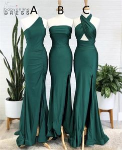 Mermaid Dark Green Bridesmaid Mixed Neckline Designed Wedding Party Guest Dresses Sweep Train Silk Satin Pleated Maid of Honor Gowns Custom Made Vestido