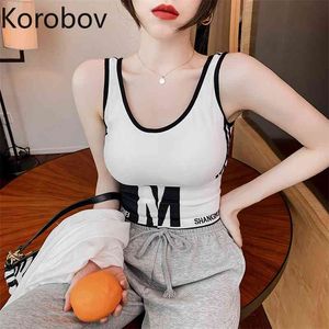Korobov Nya Kvinnor Tank Top Korean Hit Color Stickad Vest Sexig V Neck Ärmlös Sommar Streetwear Camis 210430