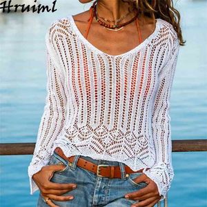 Sexig See Through Women Sweater Blouses Hollow Out Långärmad V Neck Solid Fashion Kvinna Sticka Pullovers Casual Toppar 210513