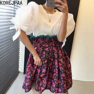 Korejpaa Mulheres Define Verão Coreano Chic Senhoras Sweet Lace Bowknot Suff Slow Sweater Plissado Cintura Alta Flor Flor A-Line Skirt 210526